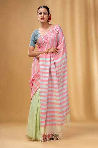 Flamingo Pink And Tea Green Cotton Handwoven Half N Half Saree With Stripe Pattern