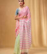 Flamingo Pink And Tea Green Cotton Handwoven Half N Half Saree With Stripe Pattern