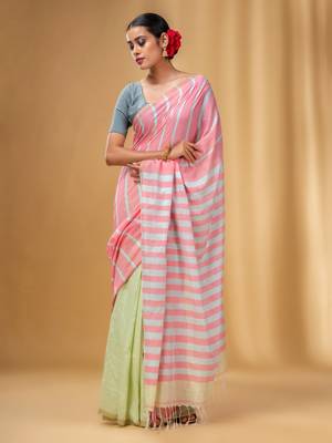Flamingo Pink And Tea Green Cotton Handwoven Half N Half Saree With Stripe Pattern 2