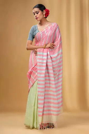 Flamingo Pink And Tea Green Cotton Handwoven Half N Half Saree With Stripe Pattern