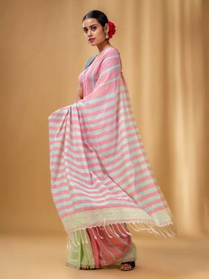 Flamingo Pink And Tea Green Cotton Handwoven Half N Half Saree With Stripe Pattern 3