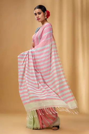 Flamingo Pink And Tea Green Cotton Handwoven Half N Half Saree With Stripe Pattern