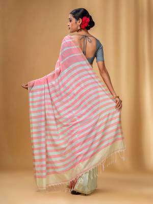Flamingo Pink And Tea Green Cotton Handwoven Half N Half Saree With Stripe Pattern 4