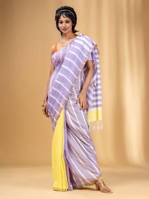Lilac And Banana Yellow Cotton Handwoven Half N Half Saree With Stripe Pattern 1