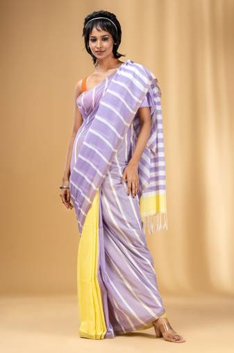 Lilac And Banana Yellow Cotton Handwoven Half N Half Saree With Stripe Pattern