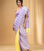 Lilac And Banana Yellow Cotton Handwoven Half N Half Saree With Stripe Pattern