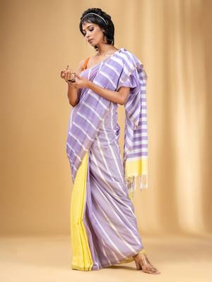 Lilac And Banana Yellow Cotton Handwoven Half N Half Saree With Stripe Pattern 2