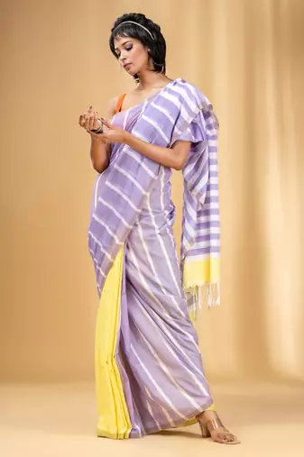 Lilac And Banana Yellow Cotton Handwoven Half N Half Saree With Stripe Pattern