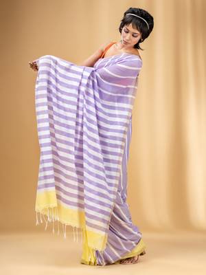 Lilac And Banana Yellow Cotton Handwoven Half N Half Saree With Stripe Pattern 3