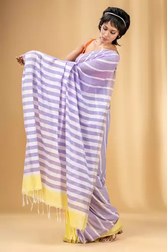 Lilac And Banana Yellow Cotton Handwoven Half N Half Saree With Stripe Pattern