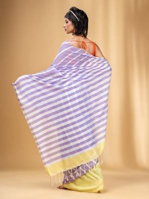Lilac And Banana Yellow Cotton Handwoven Half N Half Saree With Stripe Pattern 4