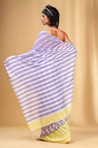 Lilac And Banana Yellow Cotton Handwoven Half N Half Saree With Stripe Pattern
