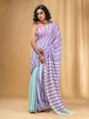 Violet And Mint Green Cotton Handwoven Half N Half Saree With Stripe Pattern 1