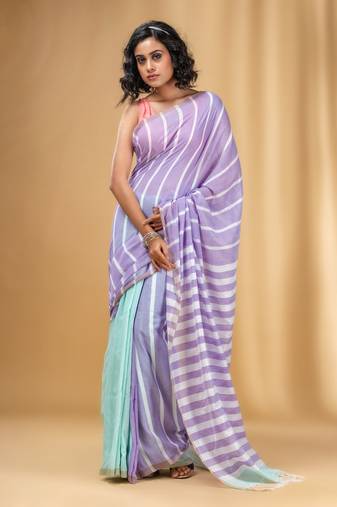 Violet And Mint Green Cotton Handwoven Half N Half Saree With Stripe Pattern