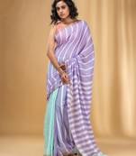 Violet And Mint Green Cotton Handwoven Half N Half Saree With Stripe Pattern