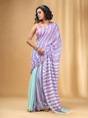 Violet And Mint Green Cotton Handwoven Half N Half Saree With Stripe Pattern 2