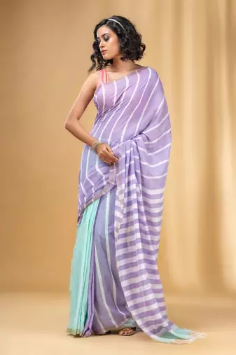 Violet And Mint Green Cotton Handwoven Half N Half Saree With Stripe Pattern