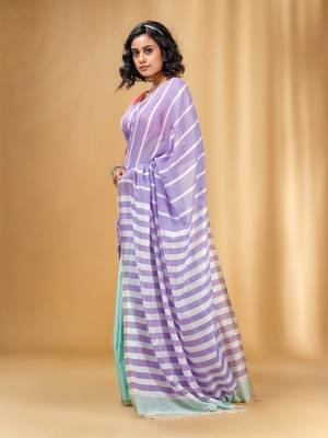 Violet And Mint Green Cotton Handwoven Half N Half Saree With Stripe Pattern 3