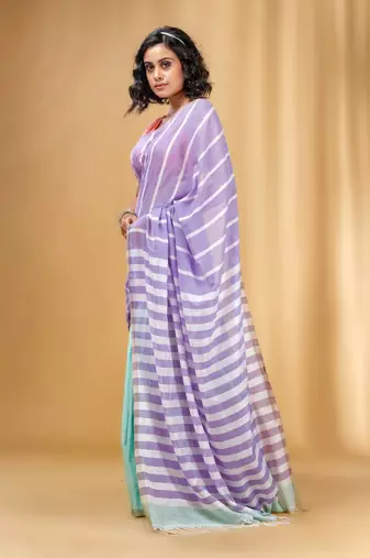 Violet And Mint Green Cotton Handwoven Half N Half Saree With Stripe Pattern