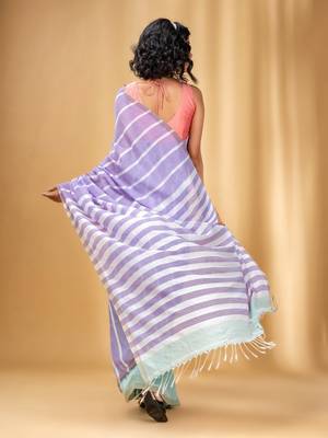 Violet And Mint Green Cotton Handwoven Half N Half Saree With Stripe Pattern 4