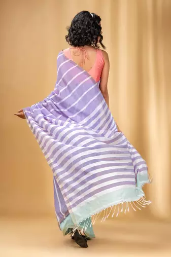 Violet And Mint Green Cotton Handwoven Half N Half Saree With Stripe Pattern