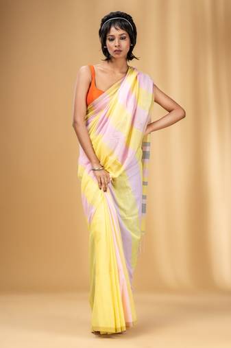 Yellow And Pink Cotton Handwoven Half N Half Saree With Stripe Pattern