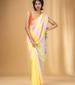 Yellow And Pink Cotton Handwoven Half N Half Saree With Stripe Pattern