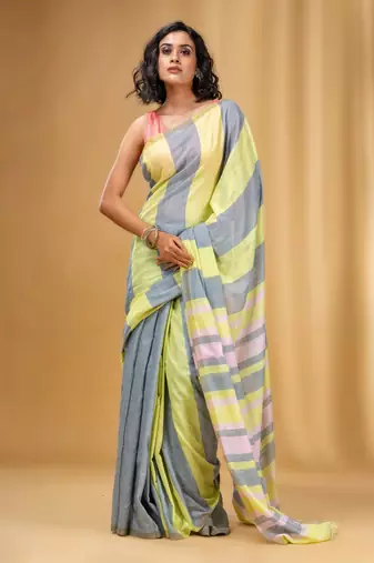 Grey And Lime Green Cotton Handwoven Half N Half Saree With Stripe Pattern