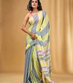 Grey And Lime Green Cotton Handwoven Half N Half Saree With Stripe Pattern
