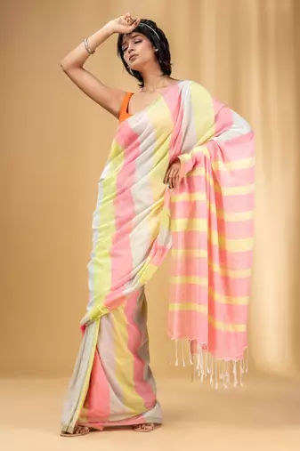 Multicolor Cotton Colorblocked Handwoven Soft Saree
