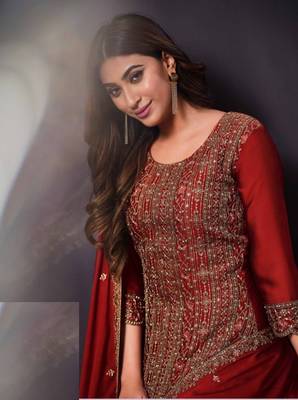 Red rangoli with coding sequence embroidery work salwar kameez Dupattas 1
