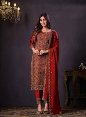 Red rangoli with coding sequence embroidery work salwar kameez Dupattas 2