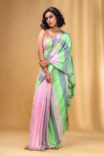 Multicolor Cotton Colorblocked Handwoven Half N Half Saree