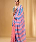 Flamingo Pink And Sky Blue Cotton Handwoven Half N Half Saree With Stripe Pattern