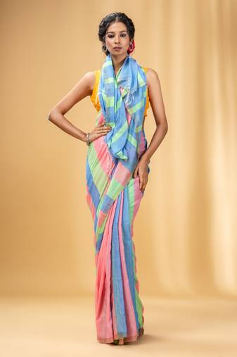 Multicolor Cotton Colorblocked Handwoven Half N Half Saree