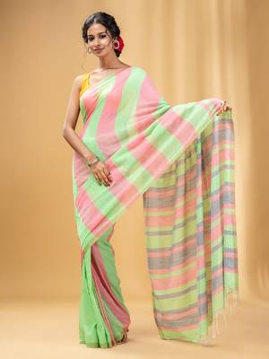 Light Green And Punch Pink Cotton Handwoven Half N Half Saree With Stripe Pattern 1