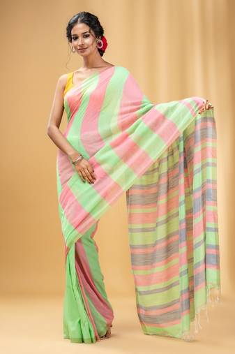 Light Green And Punch Pink Cotton Handwoven Half N Half Saree With Stripe Pattern