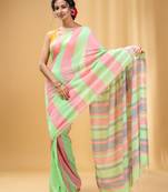 Light Green And Punch Pink Cotton Handwoven Half N Half Saree With Stripe Pattern