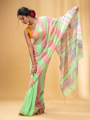 Light Green And Punch Pink Cotton Handwoven Half N Half Saree With Stripe Pattern 2