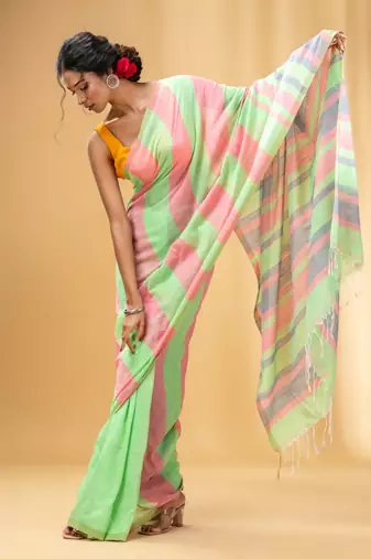 Light Green And Punch Pink Cotton Handwoven Half N Half Saree With Stripe Pattern