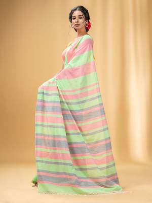 Light Green And Punch Pink Cotton Handwoven Half N Half Saree With Stripe Pattern 3
