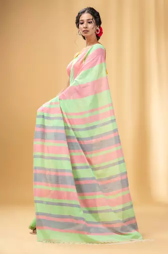 Light Green And Punch Pink Cotton Handwoven Half N Half Saree With Stripe Pattern