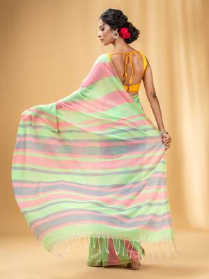 Light Green And Punch Pink Cotton Handwoven Half N Half Saree With Stripe Pattern 4