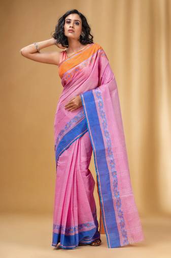 Allover Weaving Pink Handwoven Cotton Tant Saree Without Blouse