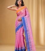 Allover Weaving Pink Handwoven Cotton Tant Saree Without Blouse
