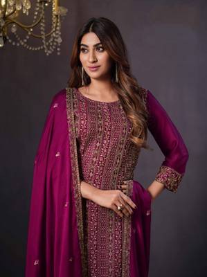 Pink rangoli with coding sequence embroidery work salwar kameez Dupattas 1