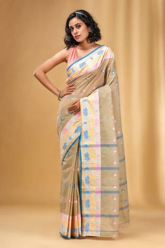 Allover Texture Motifs Ecru Handwoven Cotton Tant Saree