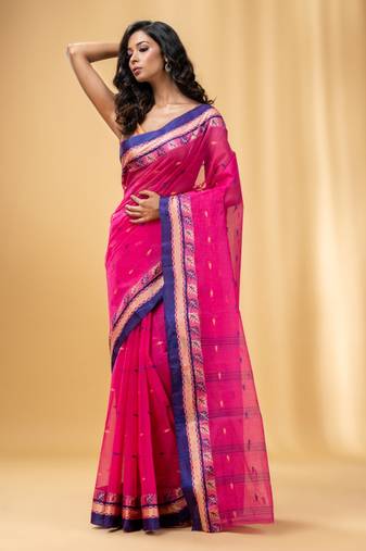 Allover Damask Buttas Pink Handwoven Cotton Tant Saree