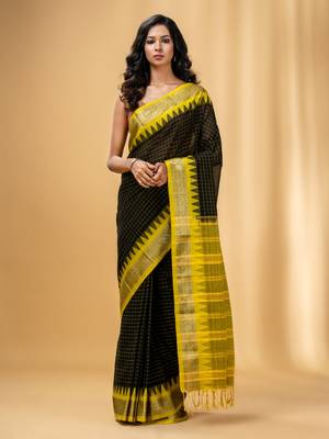 Black Cotton Handwoven Checkered Saree With Zari Nakshi Borders 1