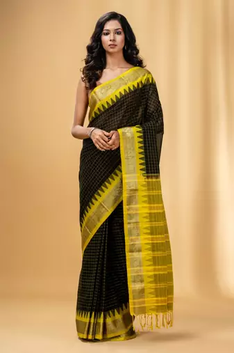 Black Cotton Handwoven Checkered Saree With Zari Nakshi Borders